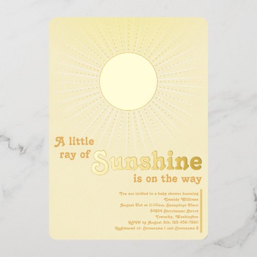 Sunshine Gold Sun Baby shower Folie Invitation Uitnodiging (Voorkant)