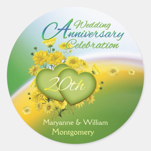 Sunshine Hearts 20th Wedding Jubileum Party Ronde Sticker (Voorkant)