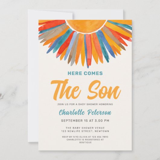 Sunshine Here Comes The Son Boy Baby shower Kaart (Voorkant)