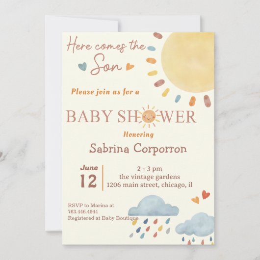Sunshine Hier komt de Son Baby shower uitnodiging (Voorkant)