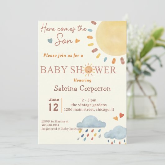 Sunshine Hier komt de Son Baby shower uitnodiging (Staand voorkant)