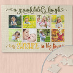 Sunshine in House Quote - Grandchildren Foto Legpuzzel<br><div class="desc">Creëer uw eigen aangepaste foto puzzel met 8 van uw favoriete foto's. In het ontwerp staat het citaat "De lach van een kleinkind is zonneschijn in het huis". Het wordt geletterd in kalligrafie met liefdesharten en een ombre kleurenpalet van olijfgroen door zonnig geel en verbrand sinaasappel. Het fotomalplaatje is opstelling...</div>