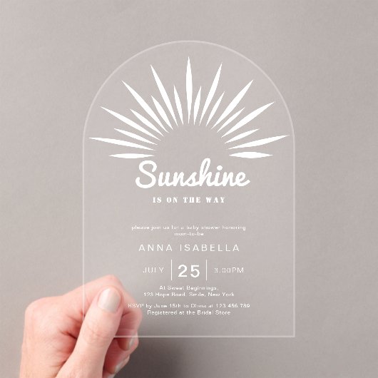 Sunshine is op de weg Baby shower minimalistisch Acryl Uitnodigingen (Insitu (Draagbaar))