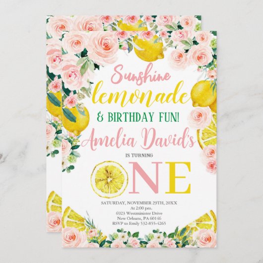 Sunshine Lemon Lemonade en Fun First Birthday Kaart (Voorkant / Achterkant)