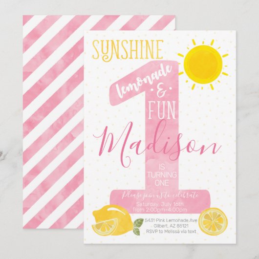Sunshine Lemonade First Birthday Uitnodiging (Voorkant / Achterkant)