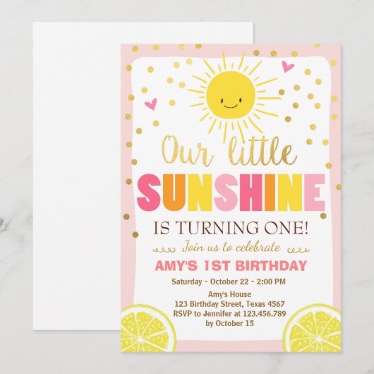 Sunshine Limonade Verjaardag uitnodiging Pink Lemo (Voorkant / Achterkant)