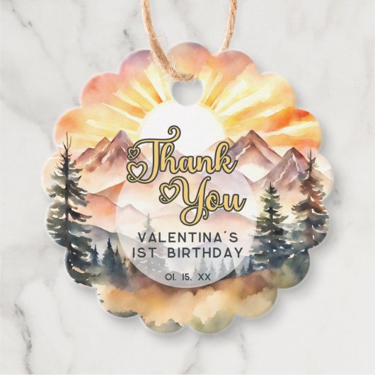 Sunshine Nature Mountains Birthday Party Thank You Bedankjes Labels (Voorkant)
