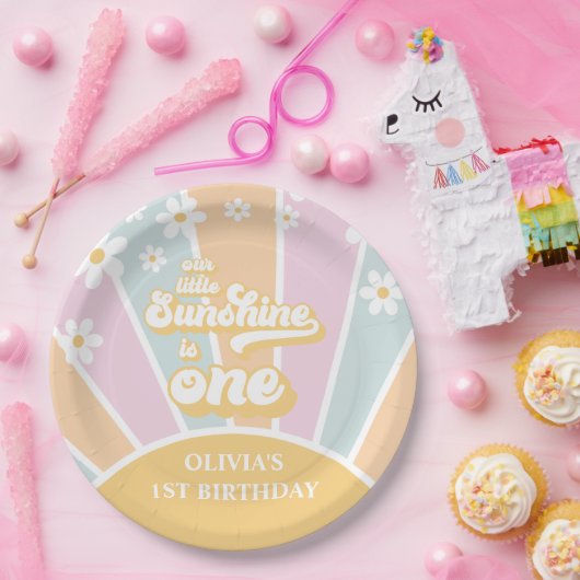 Sunshine pastel Retro daisy boho eerste verjaardag Papieren Bordje (Feest)