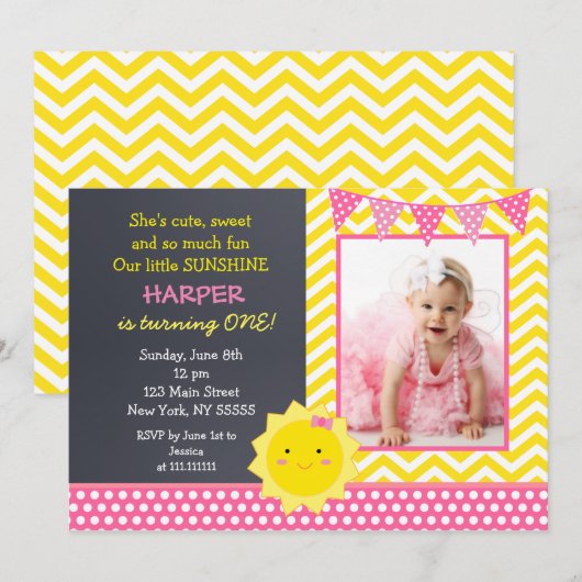 Sunshine Photo Birthday Party Invitation Kaart (Voorkant / Achterkant)