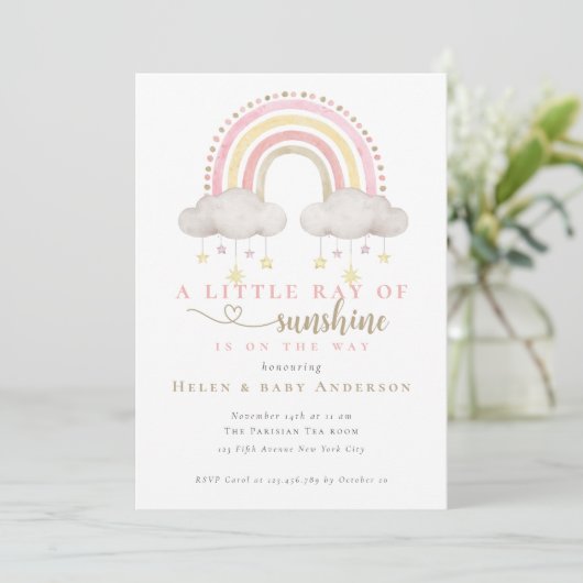 Sunshine Pink Boho Rainbow Girl Baby shower Kaart (Staand voorkant)