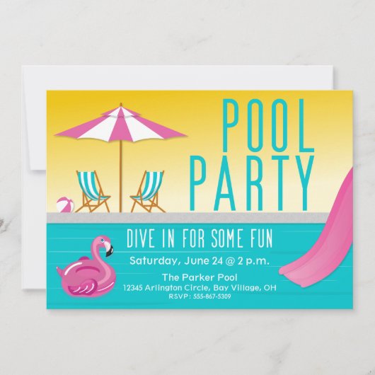 Sunshine & Pink Flamingo Pool Party Invitation Kaart (Voorkant)