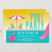 Sunshine & Pink Flamingo Pool Party Invitation Kaart (Voorkant / Achterkant)