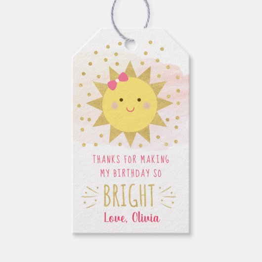 Sunshine Pink & Gold First Birthday Hartelijk dank Cadeaulabel (Voorkant)