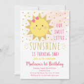 Sunshine Pink & Gold First Birthday Kaart (Voorkant)