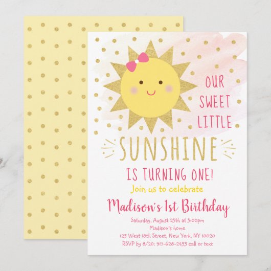 Sunshine Pink & Gold First Birthday Kaart (Voorkant / Achterkant)