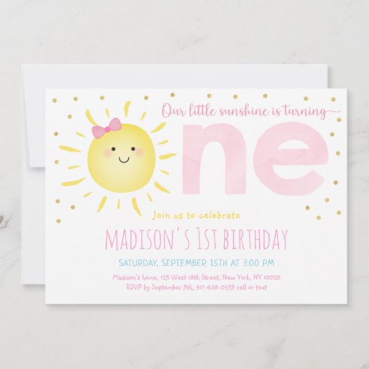 Sunshine Pink Gold First Birthday Kaart (Voorkant)