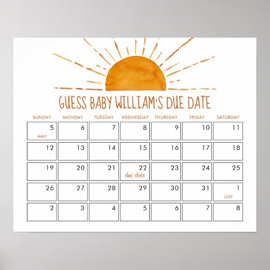 Sunshine raden de vervaldatum Baby shower Poster (Voorkant)