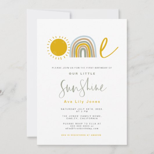 Sunshine Rainbow First Birthday Invitation Kaart (Voorkant)