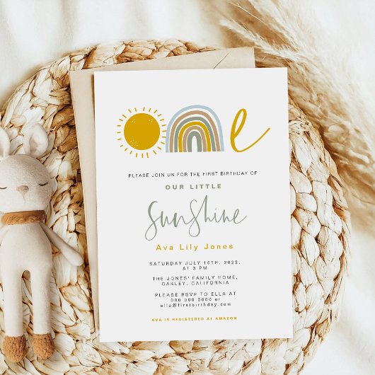 Sunshine Rainbow First Birthday Invitation Kaart