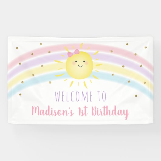 Sunshine Rainbow Pink Gold First Birthday Spandoek (Horizontaal)