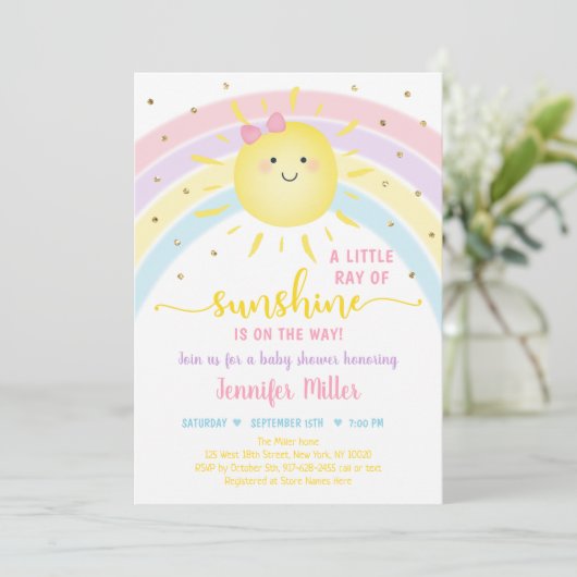 Sunshine Rainbow Pink Gold Pastel Baby shower Kaart (Staand voorkant)