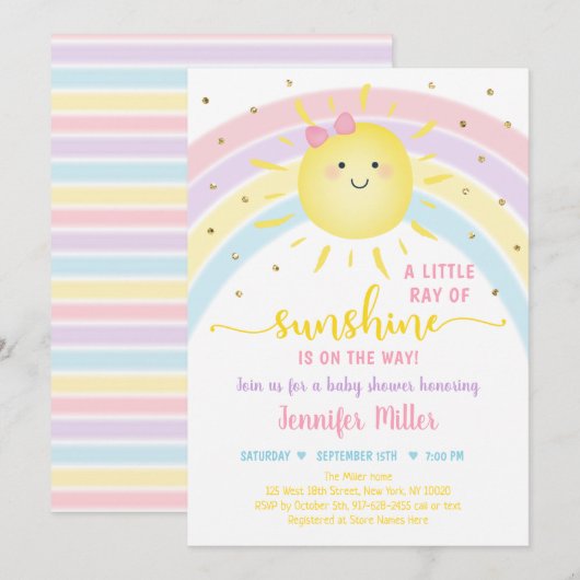 Sunshine Rainbow Pink Gold Pastel Baby shower Kaart (Voorkant / Achterkant)