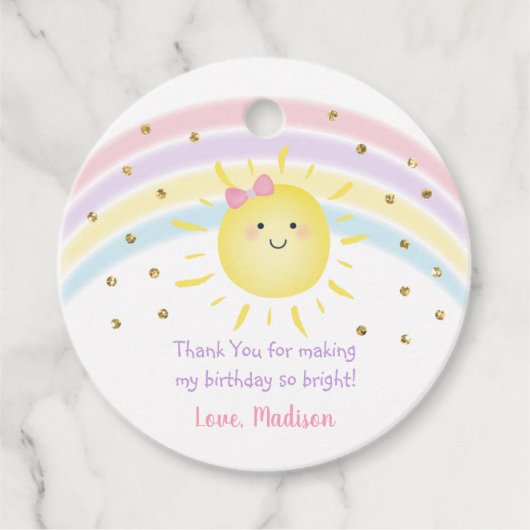 Sunshine Rainbow Pink Gold Pastel Birthday Bedankjes Labels (Voorkant)