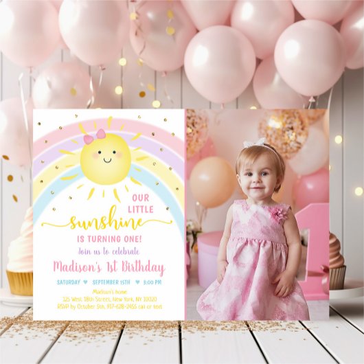 Sunshine Rainbow Pink Gold Pastel Birthday Kaart