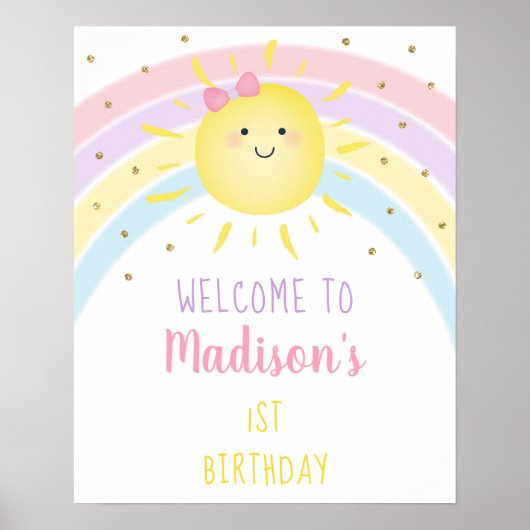 Sunshine Rainbow Pink Gold Pastel Birthday Welkom Poster (Voorkant)