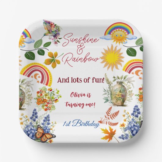 Sunshine Rainbow Spring Garden Vlinder Verjaardag Papieren Bordje (Voorkant)