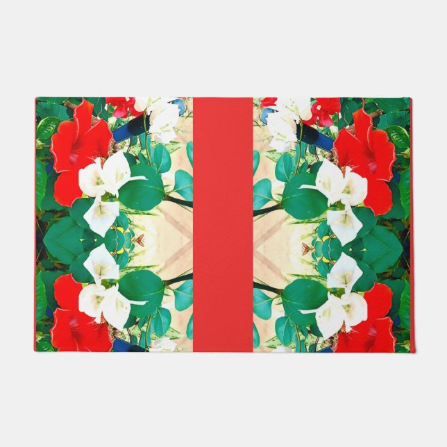 Sunshine Red Hibiscus Green blaast valkleuren Deurmat (Voorkant)