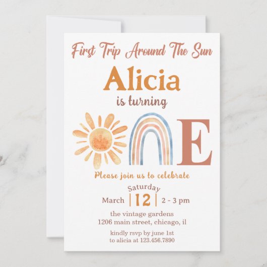 Sunshine Regenboog Retro 1e Verjaardag Uitnodiging (Voorkant)