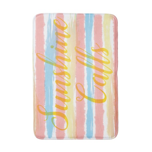 Sunshine roept roze blauwe gele Waterverf Stripes Badmat (Voorkant Verticaal)