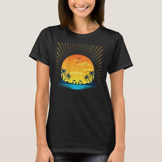 Sunshine Summer Vibes Palm Tree On Back Beach Retr T-shirt (Voorkant)