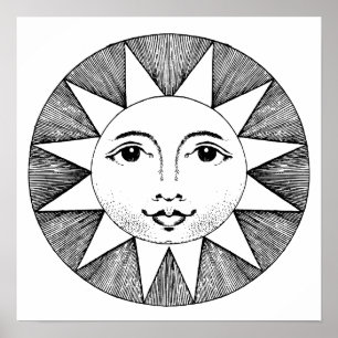 SUNSHINE SUN FACE ZWART & WIT ART PRINT
