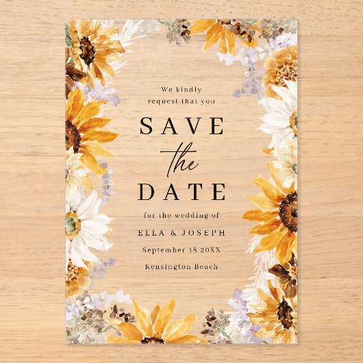 Sunshine Sunflowers Boho Wedding Save The Date Acryl Uitnodigingen (Voorkant)