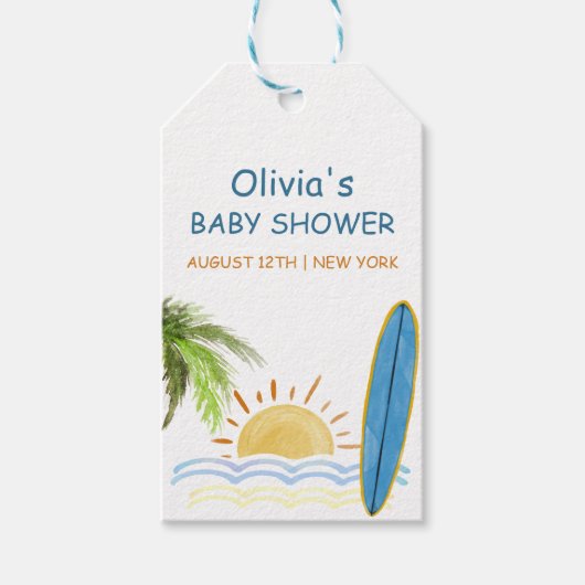 Sunshine Tropical Surfing Baby shower Cadeaulabel (Voorkant)