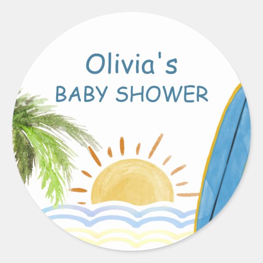 Sunshine Tropical Surfing Baby shower Ronde Sticker (Voorkant)