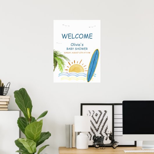 Sunshine Tropical Surfing Baby shower Welkom Poster (Thuiskantoor)
