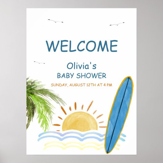 Sunshine Tropical Surfing Baby shower Welkom Poster (Voorkant)