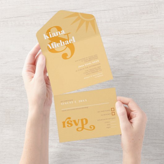 Sunshine Typografie Bruiloft Boter/Sinaasappel ID1 All In One Uitnodiging (Afscheurbaar)