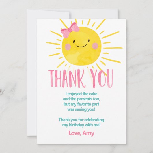 Sunshine verjaardag meisje dank u kaart zomer (Voorkant)