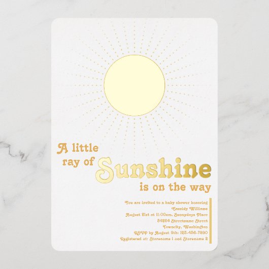 Sunshine White Gold Sun Baby shower Folie Uitnodiging (Voorkant)