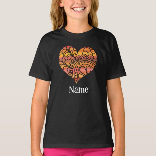 Sunshine Yellow Oranje Mandala Heart Gepersonalise T-shirt (Voorkant)