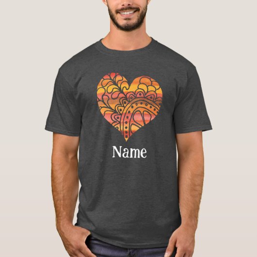 Sunshine Yellow Oranje Mandala Heart Gepersonalise T-shirt (Voorkant)