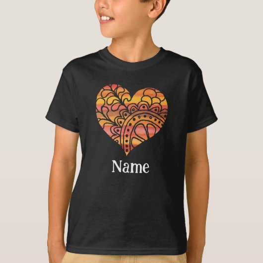 Sunshine Yellow Oranje Mandala Heart Gepersonalise T-shirt (Voorkant)