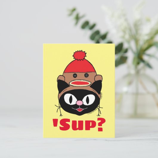 Sup? Cat Sock Monkey Pet briefkaart (Staand voorkant)