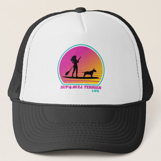 SUP en Bull Terrier Retro Summer 80s Trucker Hat Trucker Pet (Voorkant)
