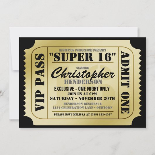 Super 16 VIP Ticket Style Party-uitnodigingen Kaart (Voorkant)