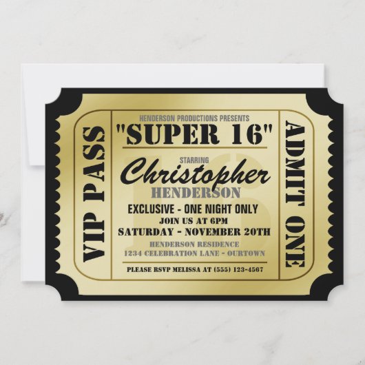 Super 16 VIP Ticket Style Party-uitnodigingen Kaart (Voorkant)